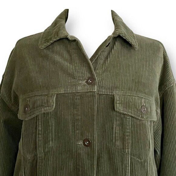 Zara Womens Shacket Sz S Olive Green Corduroy Shirt Jacket Raw Hem Oversized - Picture 5 of 8